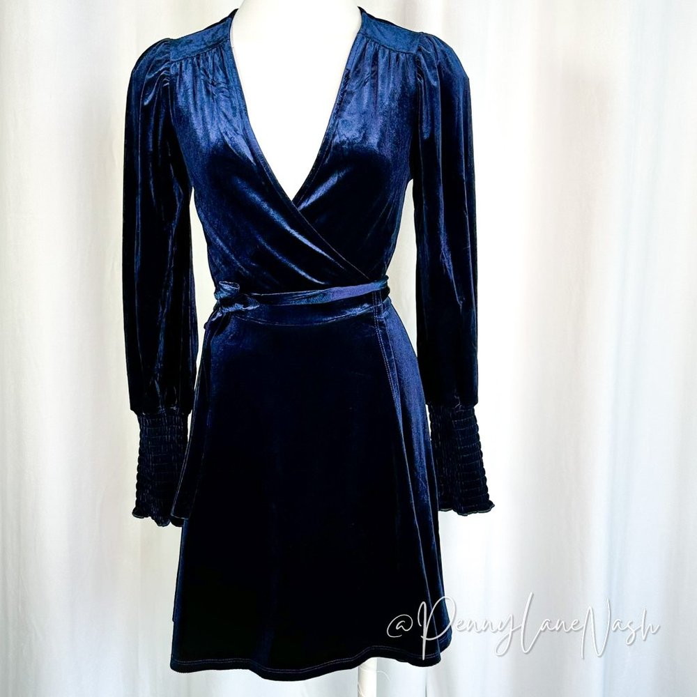 NWT Francesca's Erin Velvet Wrap Mini Dress Blue - Picture 3 of 13